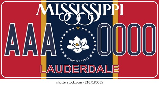 Vehicle license plates marking in Mississippi in United States of America, Car plates.Vehicle license numbers of different American states.Vintage print for tee shirt graphics,sticker and poster