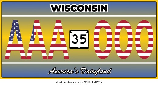 Vehicle license plates marking in Wisconsin in United States of America, Car plates.Vehicle license numbers of different American states.Vintage print for tee shirt graphics,sticker and poster