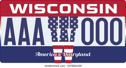 Vehicle license plates marking in Wisconsin in United States of America, Car plates.Vehicle license numbers of different American states.Vintage print for tee shirt graphics,sticker and poster