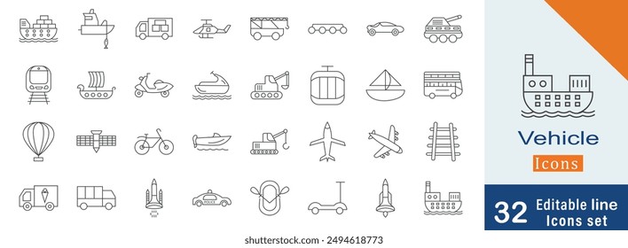 Vehicle line art icon collection. containing cars, bicycles, ships, boats, helicopters, modern design elements and more editable line icons