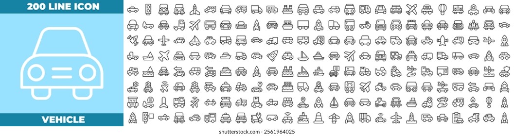 Vehicle Line Editable Icons set. Vector illustration in modern thin line style of vehicle icons: car, bike, plane, train, bicycle, motorbike, bus and scooter, etc