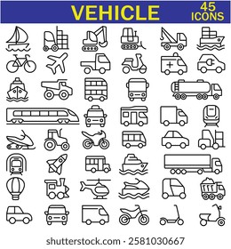 Vehicle Line Editable Icons set. Vector illustration in modern thin line style of transport icons types: taxi, train, helicopter, bus, ship, plane, tram and more.EPS 10.
