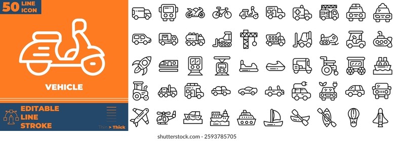 Vehicle Line Editable Icons set. Vector illustration in modern thin line style of vehicle icons: car, bike, plane, train, etc