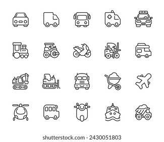 Vehicle line icon set isolated on white background. Transportation icon set