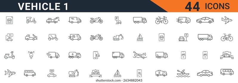 Vehicle line icons. Cars, trucks, motorcycles, bicycles, airplanes, boats, and transportation outline symbols. Editable stroke vector set.