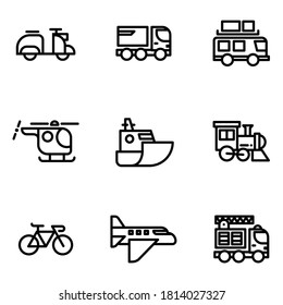 vehicle line icons. Editable stroke.include air, land and water transport.