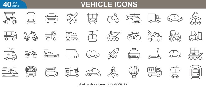 Vehicle line icons set. Car, motorcycle, truck, bus, van, taxi, ambulance, tractor, helicopter and more. vector illustration.