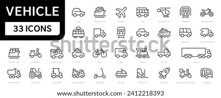 Vehicle line icons. vehicle, transport, delivery icon. Car, Plane, Ship, Truck, Bike, Subway, Yacht, Helicopter symbol. Vector