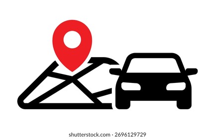 Icono de la ubicación del vehículo con el coche y el perno del mapa para los sistemas de seguimiento y de navegación del GPS