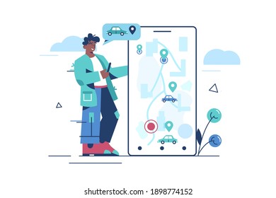 Ilustración vectorial del mapa de ubicación del vehículo. Aplicación de localización por carretera en el concepto de pantalla plana de smartphone. Hombre parado cerca del gadget con un pin de geolocalización. Aislado sobre fondo blanco