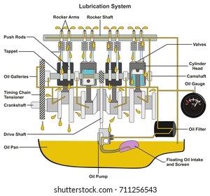 Vehicle Lubrication System Infographic Diagram Showing Cross Section Of Car Engine With All Parts And Path Of Lubricant Oil And Pan Filter And Gauge For Mechanical And Road Safety Awareness Education