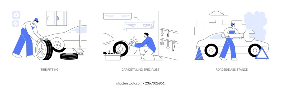 Vehicle maintenance abstract concept vector illustration set. Tire fitting, changing car wheel, car-detailing specialist, roadside assistance, professional auto repair services abstract metaphor.