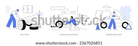 Vehicle maintenance abstract concept vector illustration set. Tire fitting, changing car wheel, car-detailing specialist, roadside assistance, professional auto repair services abstract metaphor.