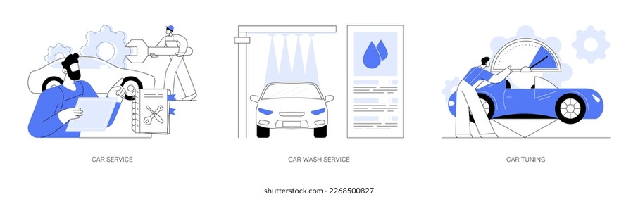 Vehicle maintenance business abstract concept vector illustration set. Car service, vehicle automatic wash, automobile style and design tuning, sports car repair, 24 hours service abstract metaphor.