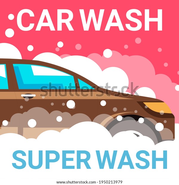 Vehicle maintenance and care, car wash using\
special detergents and products for gentle cleansing. Transport in\
bubbly water, polishing automobile in garage. Equipment service.\
Vector in flat style