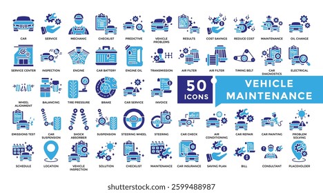 Vehicle Maintenance icon set in Glyph dual color style. Complete Collection Including inspection,consultant,insurance,maintenance,repair,vehicle,service and more. Simple vector icon collection