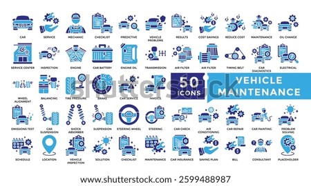 Vehicle Maintenance icon set in Glyph dual color style. Complete Collection Including inspection,consultant,insurance,maintenance,repair,vehicle,service and more. Simple vector icon collection