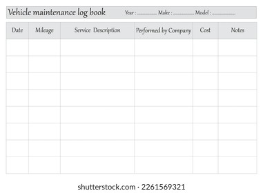 Vehicle Maintenance Log Book  Manuscript  8.5 x 11 inches