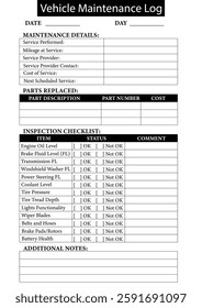 Vehicle Maintenance Log Page Template, Car Service Record Tracker, Auto Repair Checklist