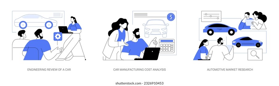 Vehicle manufacturing business abstract concept vector illustration set. Engineering review of a car, manufacturing cost analysis, automotive market research, new car project launch abstract metaphor.