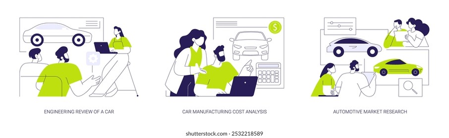 Empresa de fabricação de veículos conceito abstrato vetor ilustração conjunto. Revisão de engenharia de um carro, análise de custo de fabricação, pesquisa de mercado automotivo, novo projeto de carro lançar metáfora abstrata.