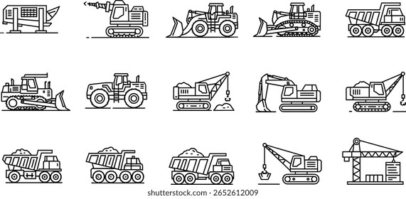 Conjunto de ícones da linha de transporte da indústria pesada de mineração de veículos. Pictogramas vetoriais de triturador, broca, carregador, escavadora, linha de segurança, grua, ilustração linear fina