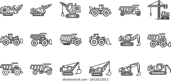 Conjunto de ícones da linha de transporte da indústria pesada de mineração de veículos. Pictogramas vetoriais de triturador, broca, carregador, escavadora, linha de segurança, grua, ilustração linear fina