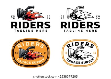 vehicle motorbike vat with fire colorful logo design set for garage, automotive, motorcycle club motorcycle tank with flame illustration outline badge logo template for rider, racing sport 