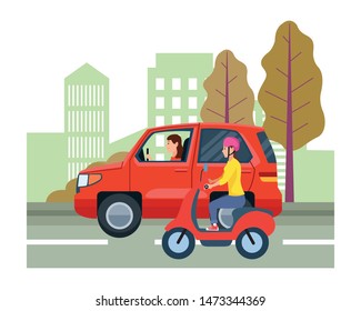 Vehicle and motorcycle drivers riding with helmet in the traffic on the city, urban scenery background ,vector illustration graphic design.