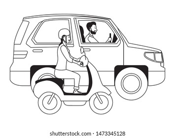 Vehicle and motorcycle drivers riding with helmet in the traffic vector illustration graphic design.