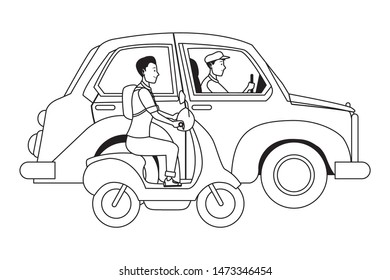 Vehicle and motorcycle drivers riding with helmet in the traffic vector illustration graphic design.