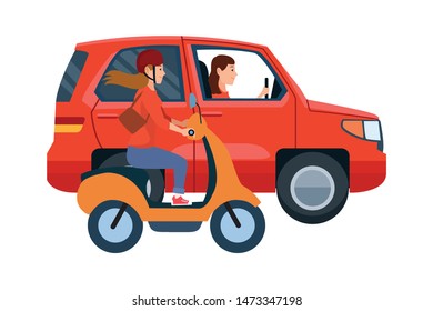 Vehicle and motorcycle drivers riding with helmet in the traffic vector illustration graphic design.