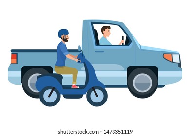 Vehicle and motorcycle drivers riding with helmet in the traffic vector illustration graphic design.