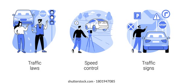 Vehicle Movement Regulation Abstract Concept Vector Illustration Set. Traffic Laws, Speed Control, Traffic Signs, Driving License, Road Safety, Police Radar, Speed Limit, Transport Abstract Metaphor.