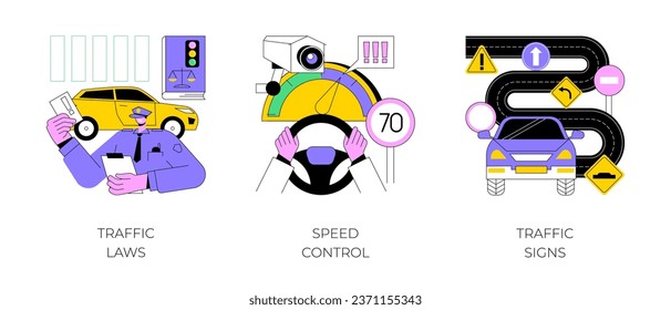 Conjunto de ilustraciones vectoriales abstractas de la regulación del movimiento del vehículo. Leyes de tráfico, control de velocidad, señales de tráfico, permiso de conducción, seguridad vial, radar policial, límite de velocidad, metáfora abstracta de transporte.