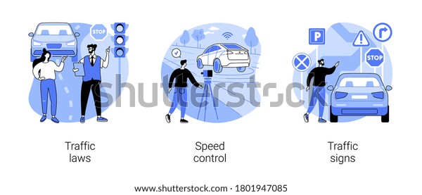 Vehicle movement regulation abstract concept\
vector illustration set. Traffic laws, speed control, traffic\
signs, driving license, road safety, police radar, speed limit,\
transport abstract\
metaphor.