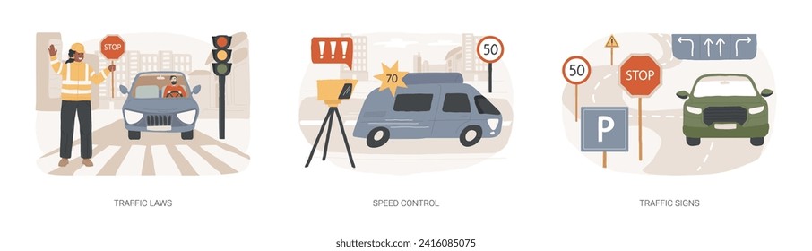 Conjunto de ilustraciones de vectores de concepto aislado de regulación del movimiento de vehículos. Leyes de tráfico, control de velocidad, señales de tráfico, licencia de conducción, seguridad vial, radar policial, límite de velocidad, concepto de vector de transporte.