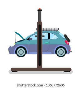 Vehicle on Lifting Equipment Vector Illustration. Automobile Maintenance. Engine Diagnostics, Examination, Inspection on Hydraulic Lift, Elevator. Car Service, Auto Breakdown Detection