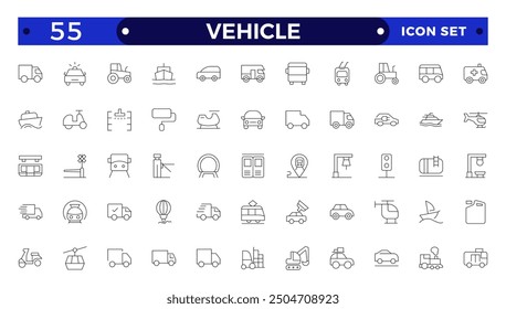 Vehicle outline icon set. Shipping And Courier icon. Containing order tracking, delivery home, warehouse, truck, scooter, courier Sea Air, Date, Return Search Parcel and cargo icons.
