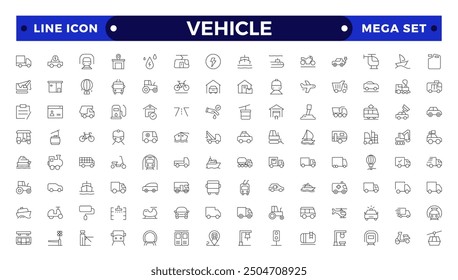 Vehicle outline icon set. Shipping And Courier icon. Containing order tracking, delivery home, warehouse, truck, scooter, courier Sea Air, Date, Return Search Parcel and cargo icons.
