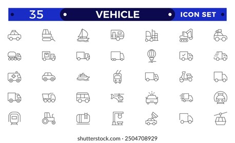 Vehicle outline icon set. Shipping And Courier icon. Containing order tracking, delivery home, warehouse, truck, scooter, courier Sea Air, Date, Return Search Parcel and cargo icons.
