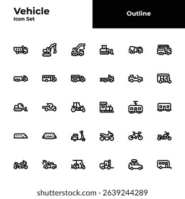 Vehicle outline icon set, transportation black line icon set.
