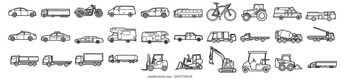 Vehicle Outline Illustration Vector Set. Big Set