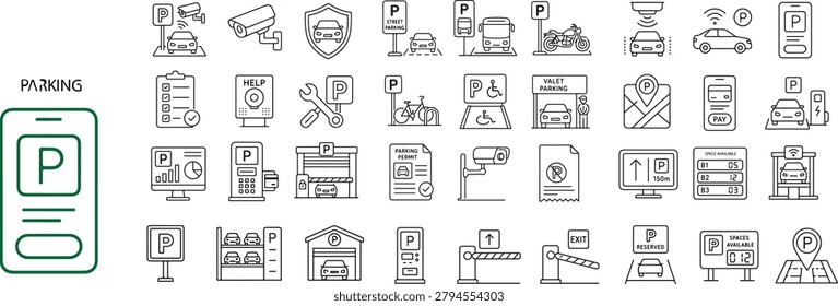 Vehicle Parking Management and Smart Traffic Navigation Linear Vector Icon Set Featuring Mobile App Booking, Surveillance CCTV Camera, Valet Service, Garage Gate Barrier, and Ticket Payment UI Elements