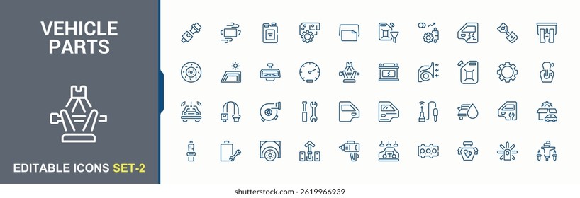 Coleção de ícones de Componentes de Veículo. Relacionados com carro, reparação, serviço, elemento, automóvel, peça e muito mais. Ícone Componentes Automáticos. Ícones lineares mínimos. Traçado e ilustração editáveis.