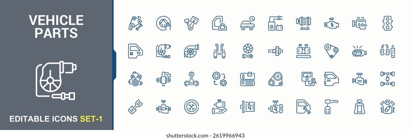 Vehicle Parts icon set. Included spare, repair, element, auto, engine. Auto Parts icon set. Minimal thin line web icons set. Editable stroke collections.