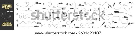 Vehicle with path set vector isolated on transparent. Vehicle, car, van, delivery, truck, mobile home with tracking for travel with map pins, location pins