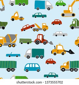 Vehicle pattern design with several machines - funny hand drawn doodle, seamless pattern. Lettering poster or t-shirt textile graphic design. / wallpaper, wrapping paper, background.