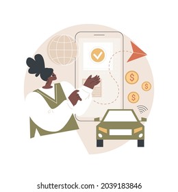 En la ilustración abstracta del vector de concepto de pagos de vehículos. Sistema de pago, tecnología en el automóvil, servicios minoristas modernos, en el servicio de vehículos, compra a través de un vehículo, metáfora comercial abstracta.