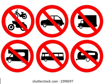 Vehicle prohibited signs bike bus car and caravan illustration
